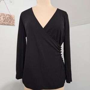 Talbots Black Faux Wrap Top‎ Slinky Liquid Knit Size 8 V-Neck Ruched Mature Goth